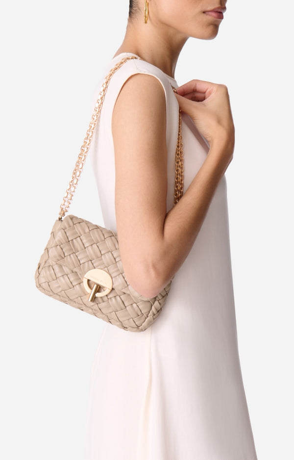 Petit Sac Moon en Cuir Tressé Beige